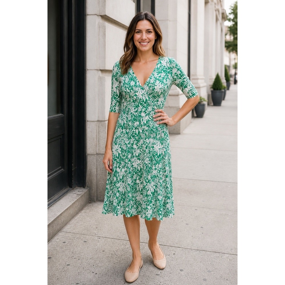 CAbi Green Floral Wrap Dress Large Cottagecore Garden Feminine Soft Stretch